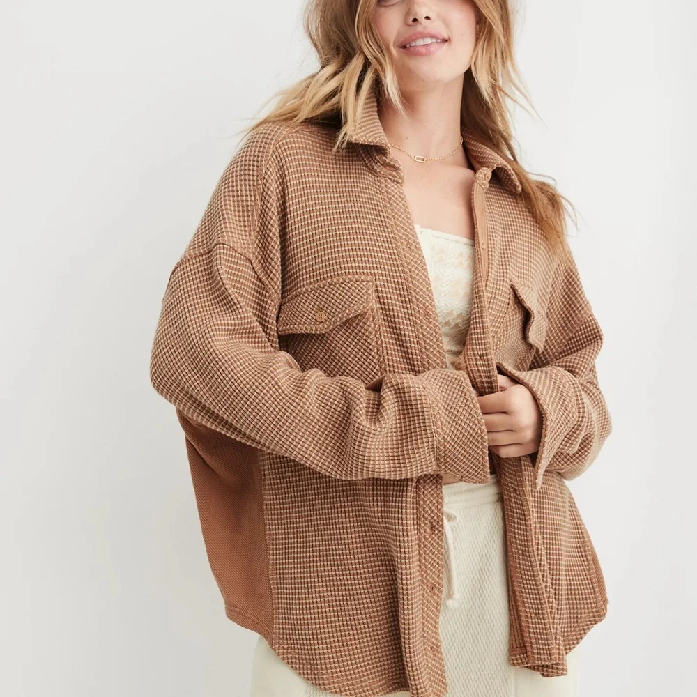 Aerie Lumber Jane Waffle Shirt Shacket Tan Brown Button Medium Oversized - Picture 1 of 5
